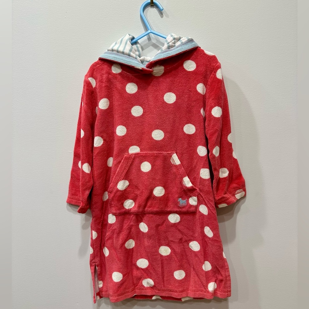 Mini boden towelling dress.  Red w/ white polka dots, blue stripe hood. 3-4Y